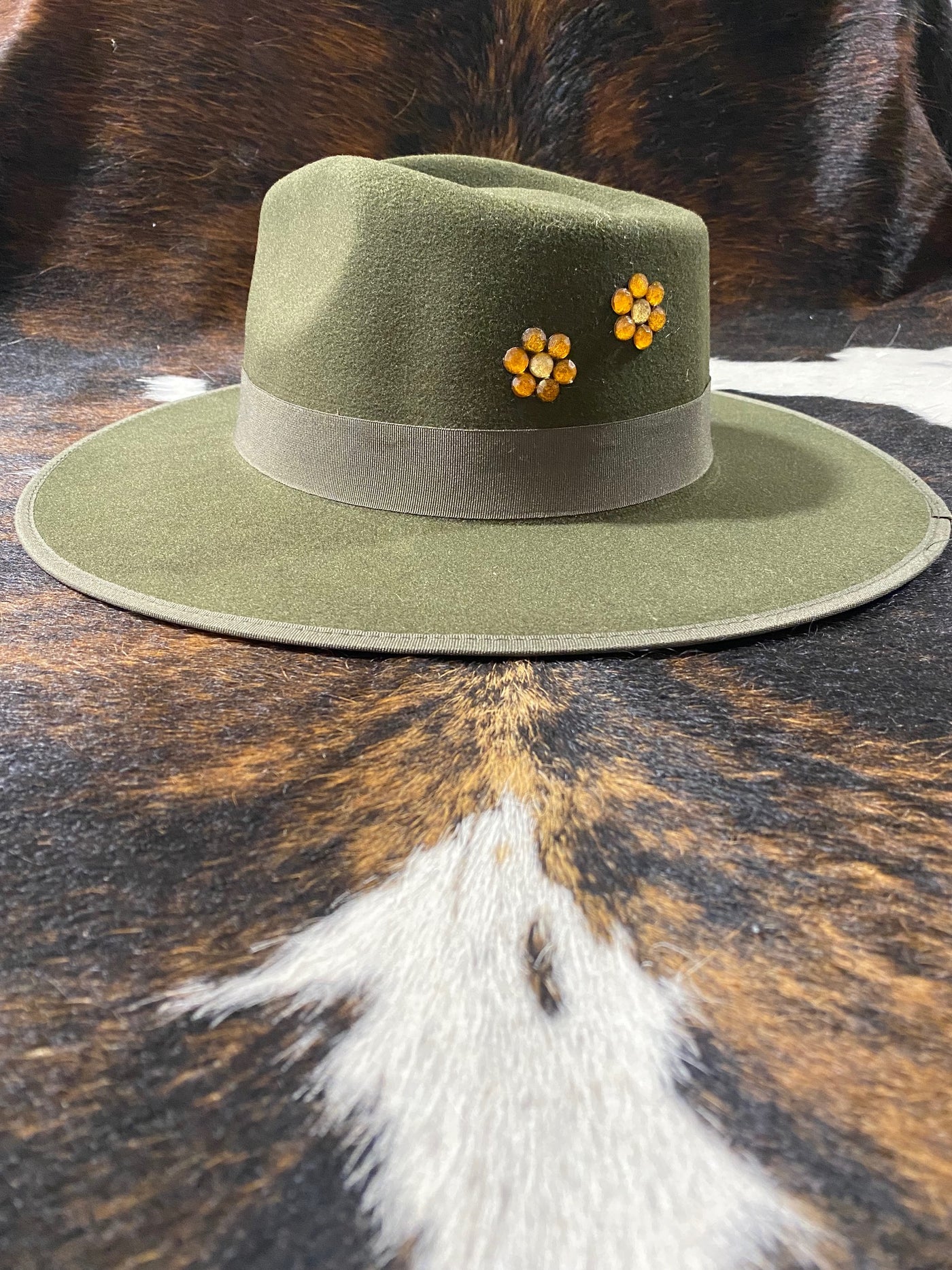 Olive Hat with Flower Stones