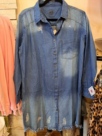 Distressed Denim Shirt Dress - Polka Dot Tree