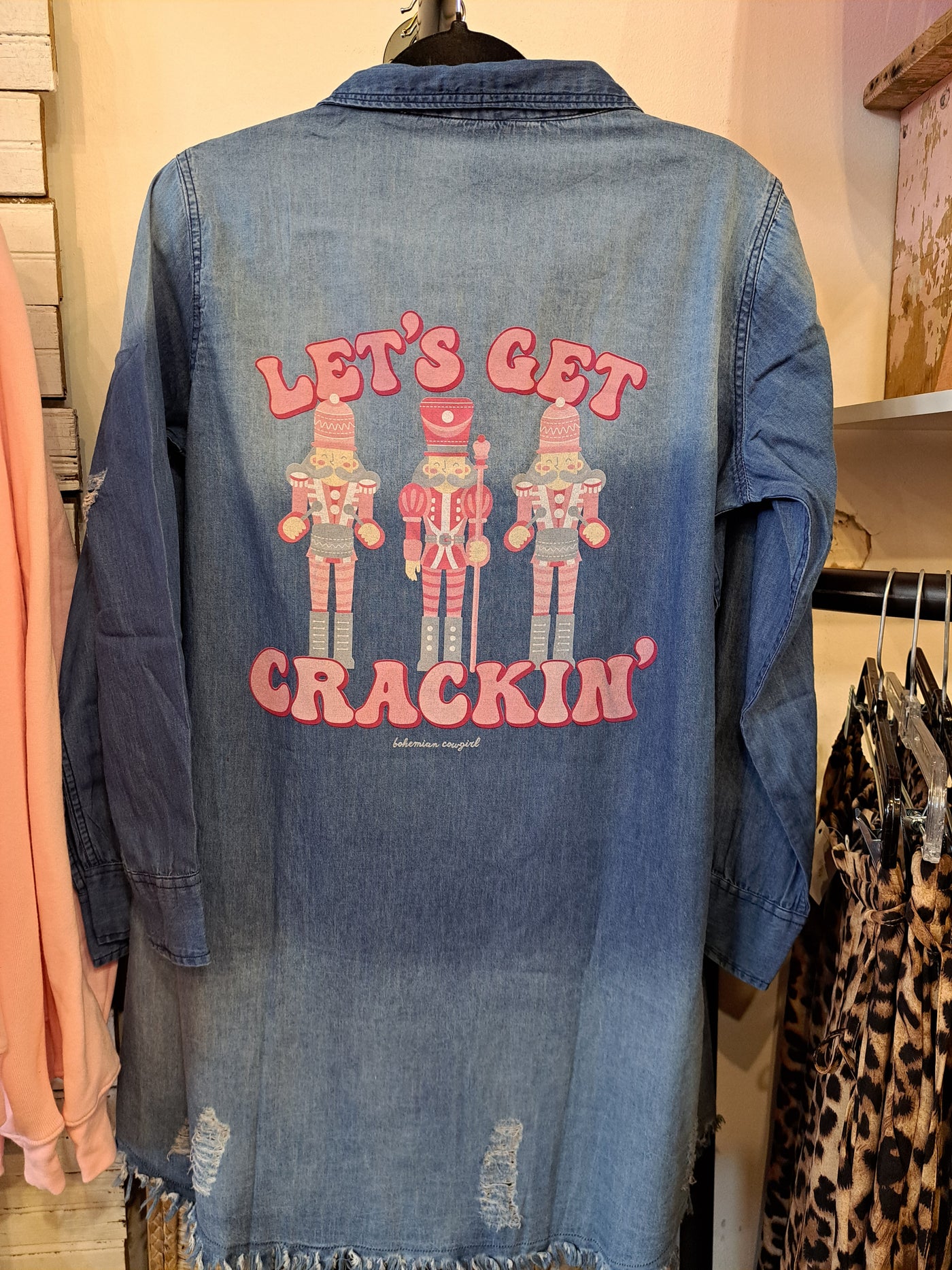 Distressed Denim Shirt Dress - Let's Get Crackin'