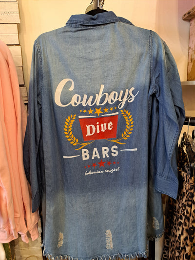 Distressed Denim Shirt Dress - Cowboys Dive Bars