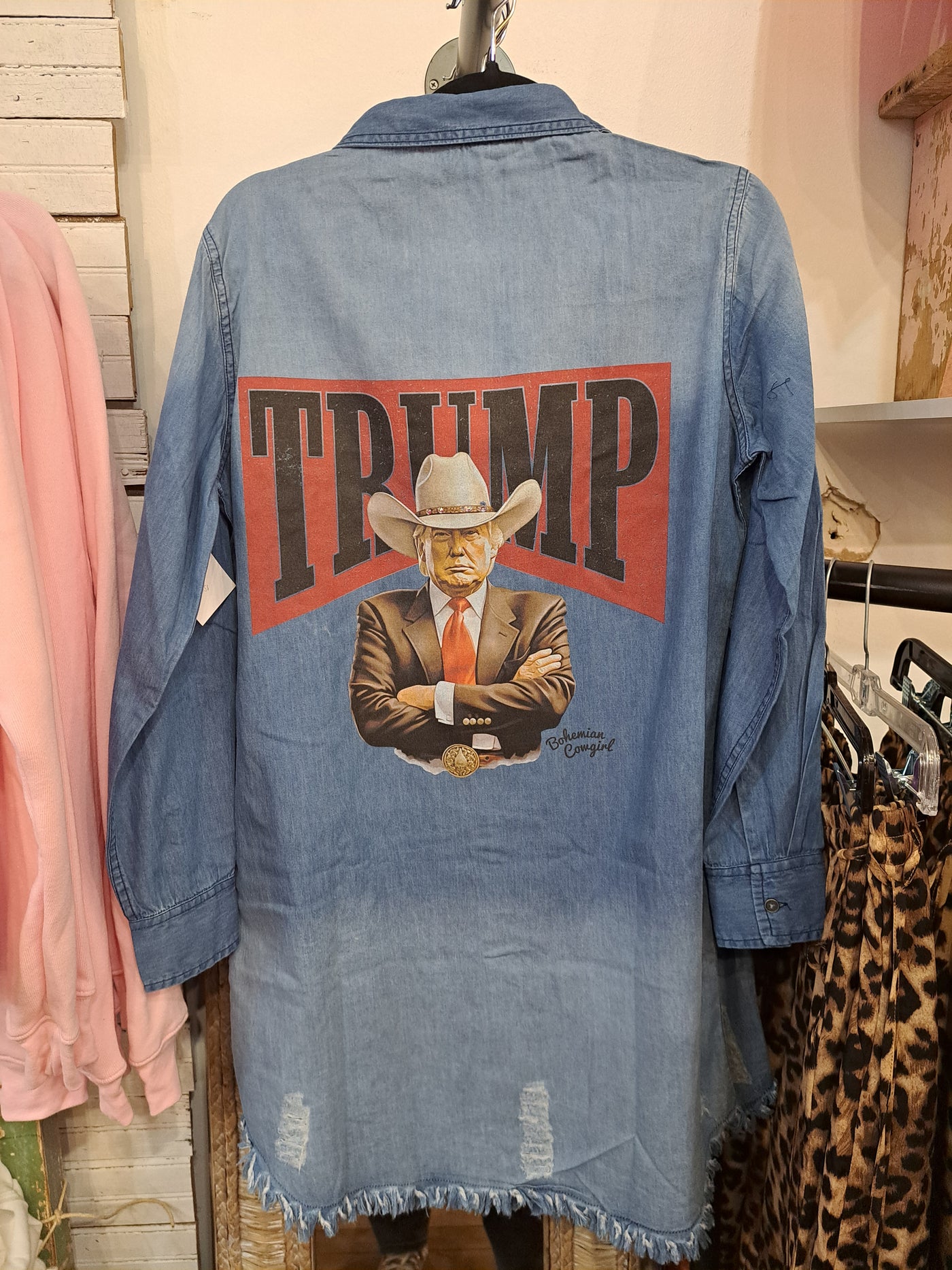 Distressed Denim Shirt Dress - Trump Cowboy