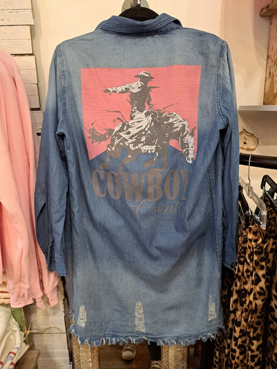 Distressed Denim Shirt Dress - Cowboy Country